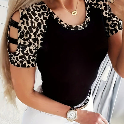 Leopard Print Crew Neck T-Shirt, Casual Cut Out Short Sleeve Top For Spring & Summer, Women's Clothing