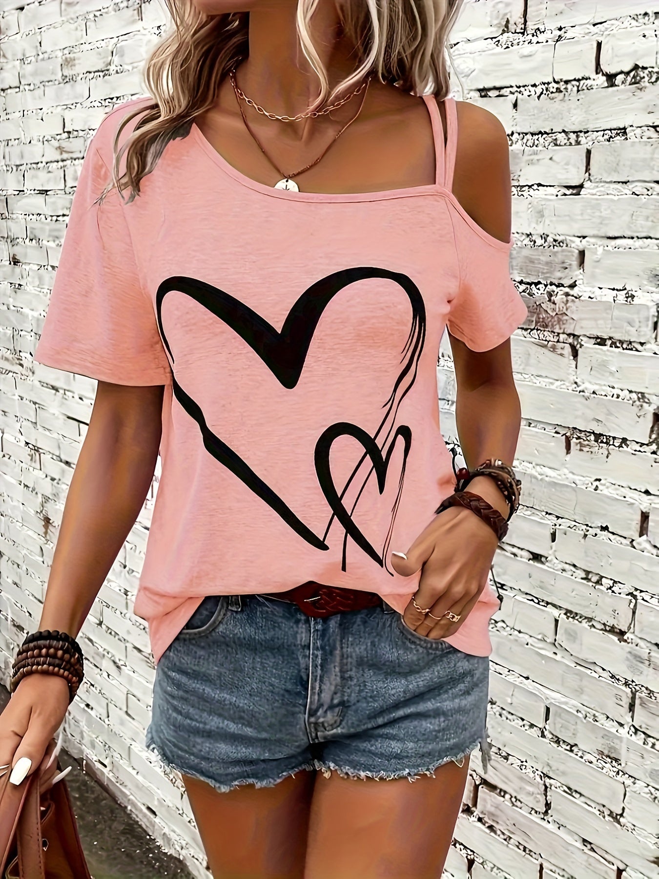 Heart Print Cold Shoulder T-shirt, Casual Short Sleeve Backless Asymmetrical Top, Women's Clothing