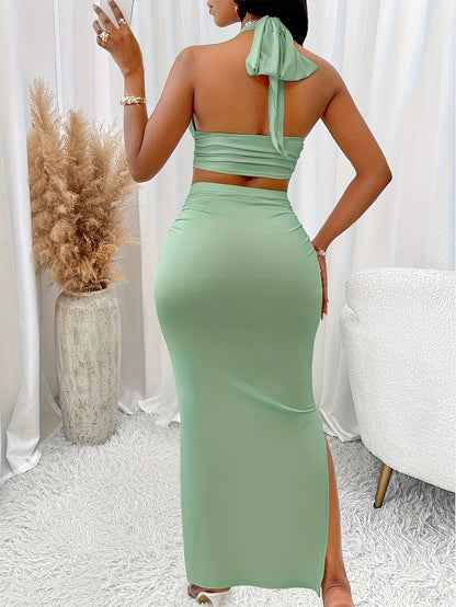 Elegant Solid Two Piece Set, Halter Neck Slim-Fit Sleeveless Top & Bodycon Split Skirt Outfits, Women's Clothing