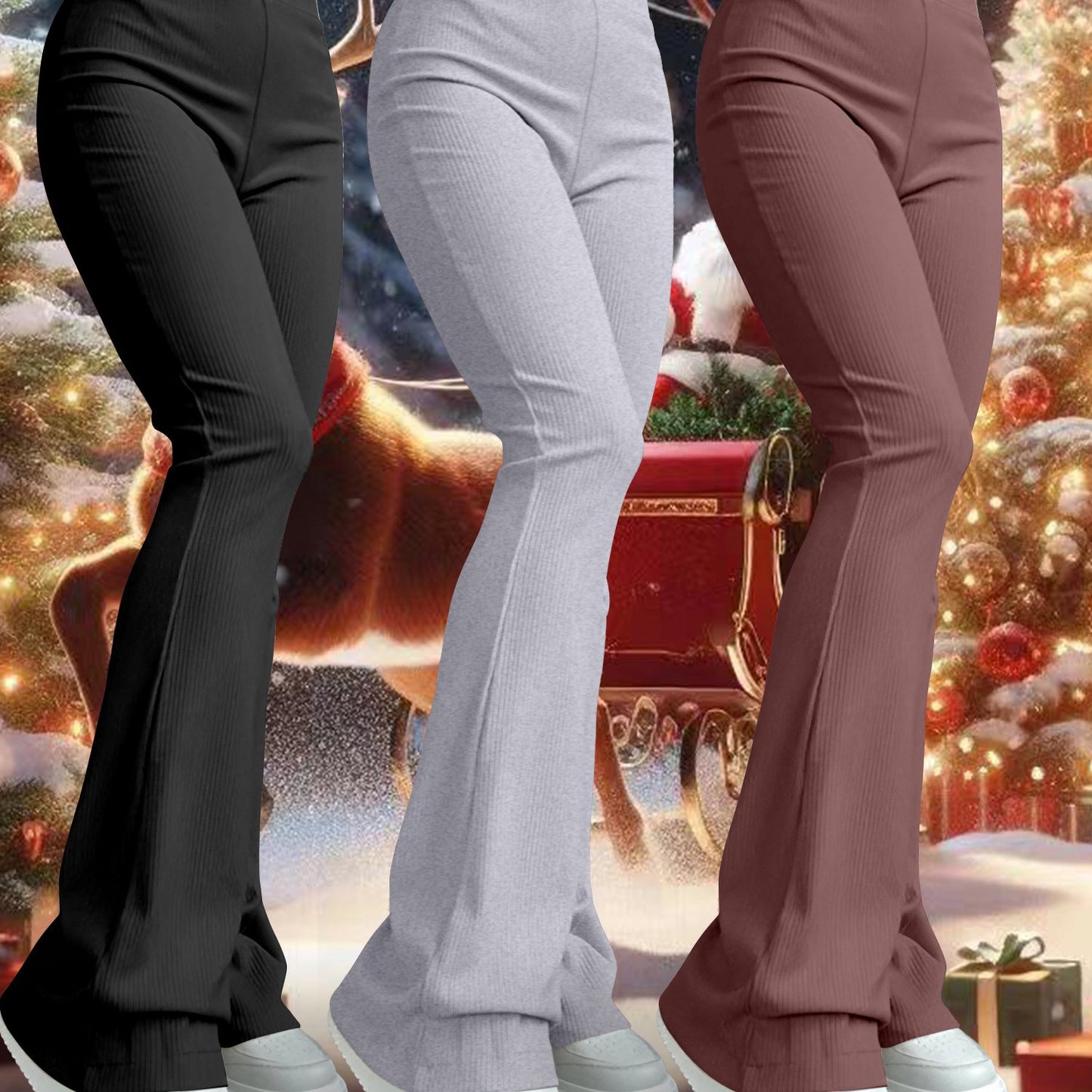 3pcs Women'S High-Waist Flare Leg Pants, Polyester and Spandex Blend, Casual Solid Color Knit Fabric Bell Bottoms, Stretchy Yoga Style Trousers for All Seasons