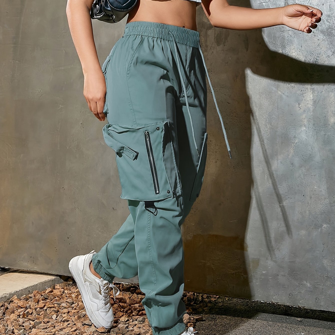 Women's High-Waist Wide-Leg Cargo Pants - Casual Fashion, Soft Polyester, Drawstring Elastic Waist, Multi-Pocket Design, Comfortable for All Seasons, Back Belt, All Seasons