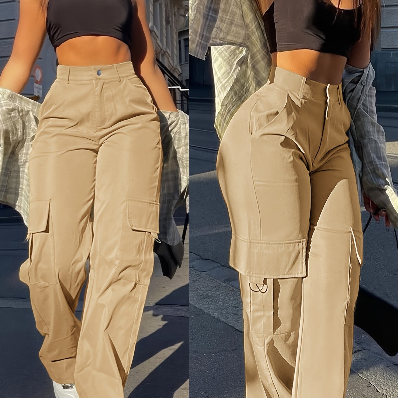 1pc Swakaki Women'S High Waist Cargo Pants, Solid Color Polyester Street Style, Non-Stretch Woven Fabric, All-Season Long Length with Flap Pockets