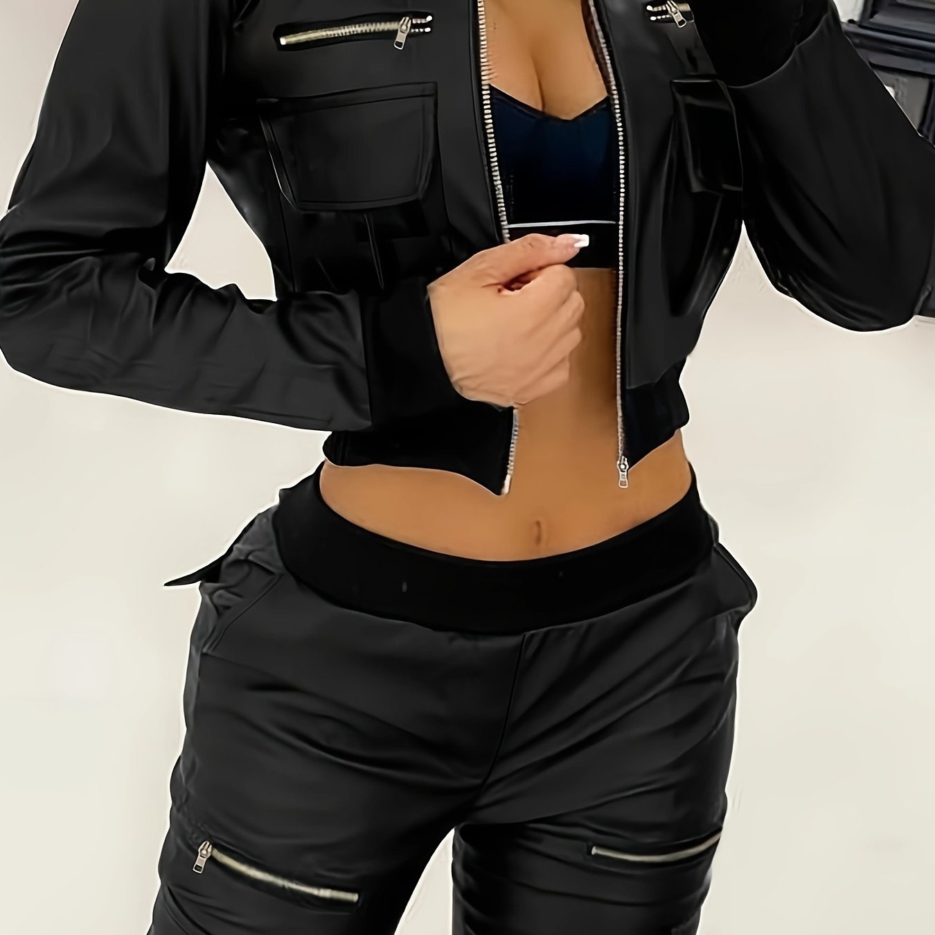 Women's Chic Black Faux Leather Jacket and Cargo Pants Set - Elegant Short Style with Zipper Detailing, Stretchy Polyester/Spandex Blend, Machine Washable