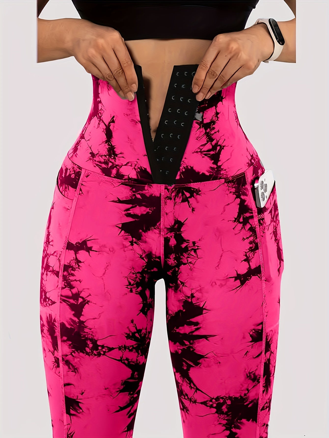 Women'S Tie-Dye Print High-Waisted Tummy Control Pants with Front Zipper, Sexy Mid-Rise Tight Leggings, Pocket, Stretchy Polyester Fabric, All-Season, Athletic Yoga Workout Running Pants for Adults