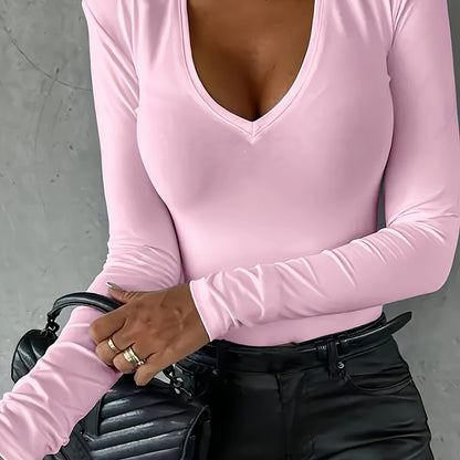 Solid V Neck T-shirt, Casual Long Sleeve Slim Top For Spring & Fall, Women's Clothing