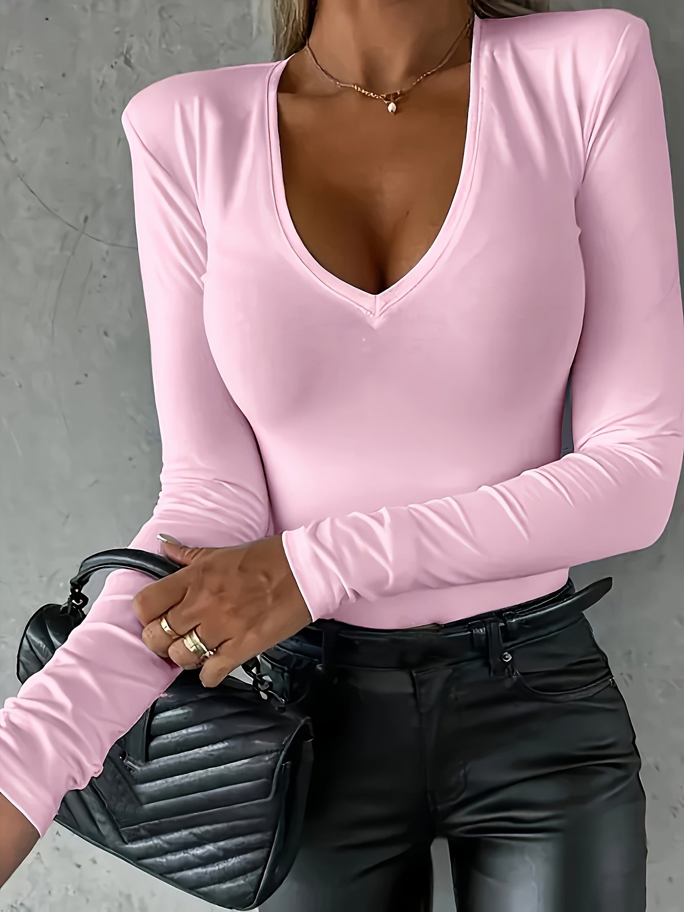 Solid V Neck T-shirt, Casual Long Sleeve Slim Top For Spring & Fall, Women's Clothing