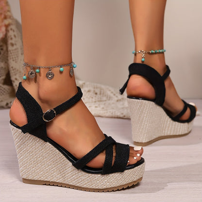 Women's Wedge Heeled Sandals, Casual Open Toe Platform Shoes, Comfortable Buckle Strap Sandals