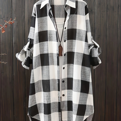 Plus Size Plaid Print Collared Button Shirt, Casual Long Sleeve Shirt For Spring & Fall, Women's Plus Size Clothing