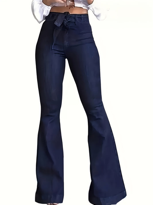 High-Waisted Stretchy Casual Flared Jeans with a Belt in Natural Color.