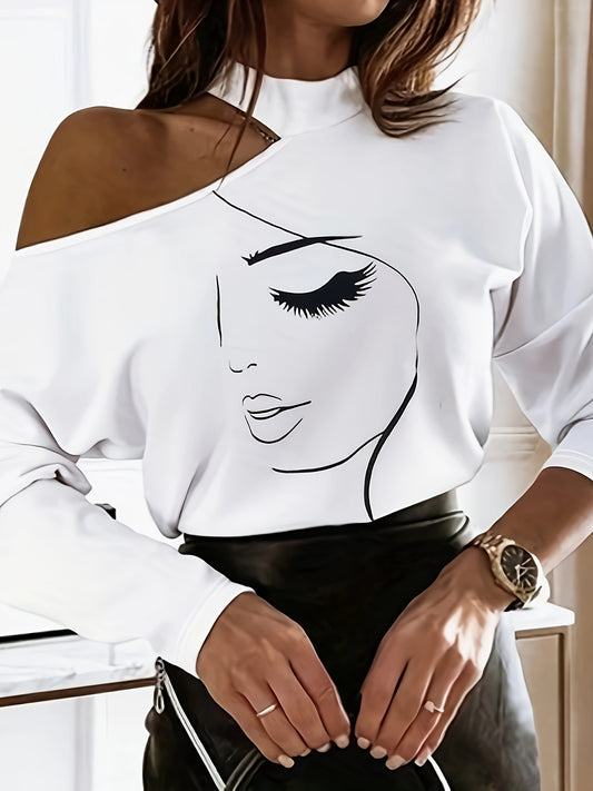 Abstract Face Print T-shirt, Casual Cut Out Long Sleeve T-shirt, Women's Clothing