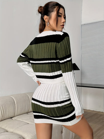 Elegant New Style Two-Piece Set Featuring a Short Top with a Round Neck, Long Sleeves, And a Fitted Skirt.