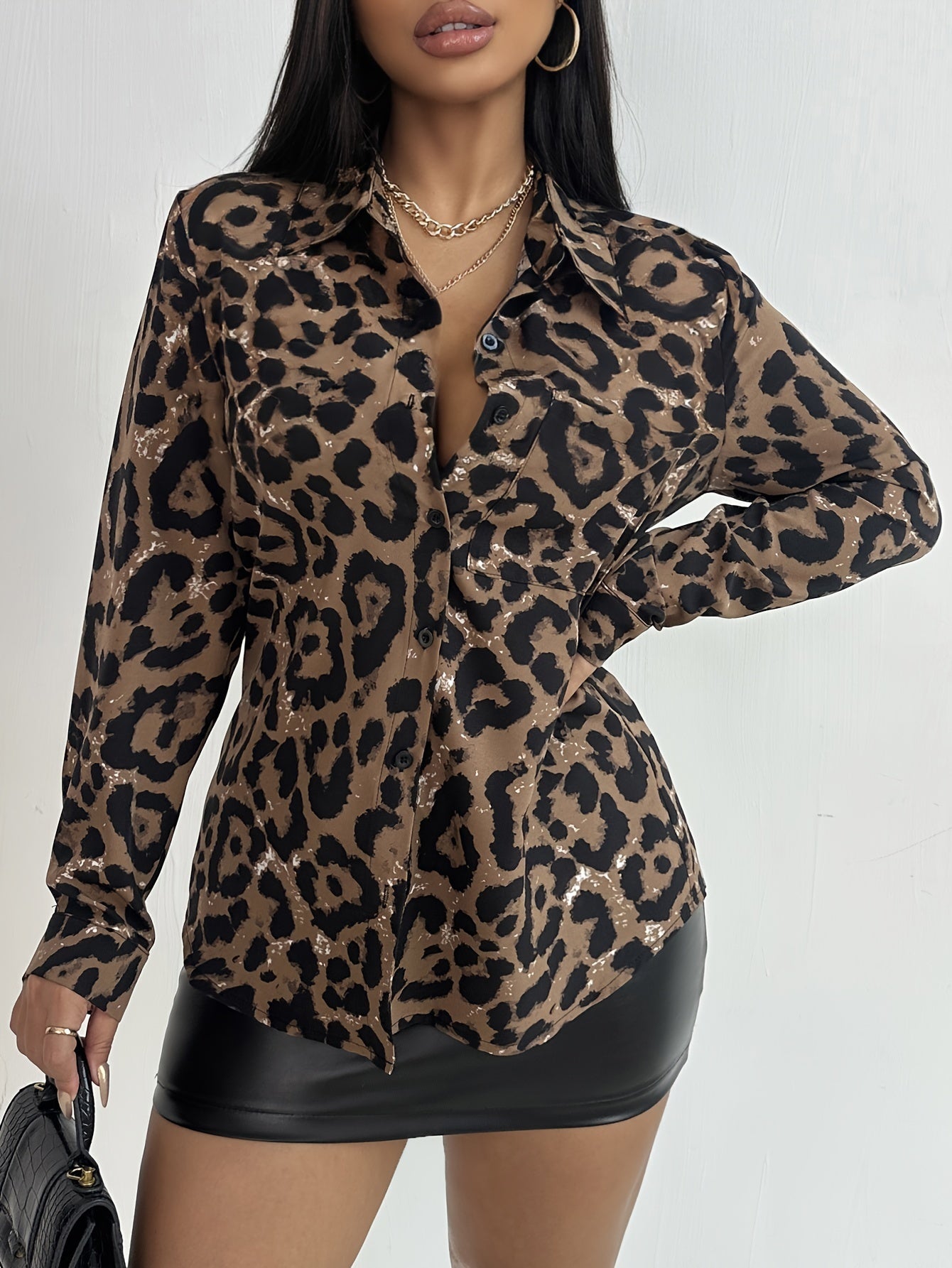 Women'S Elegant Leopard Print Lapel Collar Shirt, Casual Polyester Blouse with Elastane, Woven Fabric, Spring/Fall Season, 105g/m² Weight