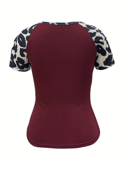 Leopard Print Crew Neck T-Shirt, Casual Cut Out Short Sleeve Top For Spring & Summer, Women's Clothing