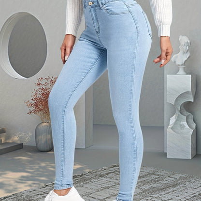 Women's Light Blue Skinny Jeans - Stretch Denim with Slim Fit, Slant Pockets & Button Closure | Versatile All-Season Casual Wear