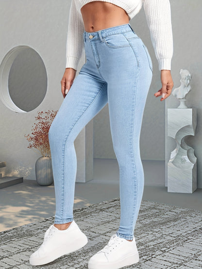 Women's Light Blue Skinny Jeans - Stretch Denim with Slim Fit, Slant Pockets & Button Closure | Versatile All-Season Casual Wear