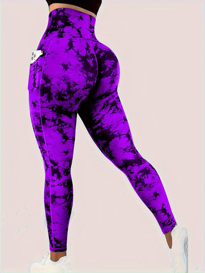 Women'S Tie-Dye Print High-Waisted Tummy Control Pants with Front Zipper, Sexy Mid-Rise Tight Leggings, Pocket, Stretchy Polyester Fabric, All-Season, Athletic Yoga Workout Running Pants for Adults