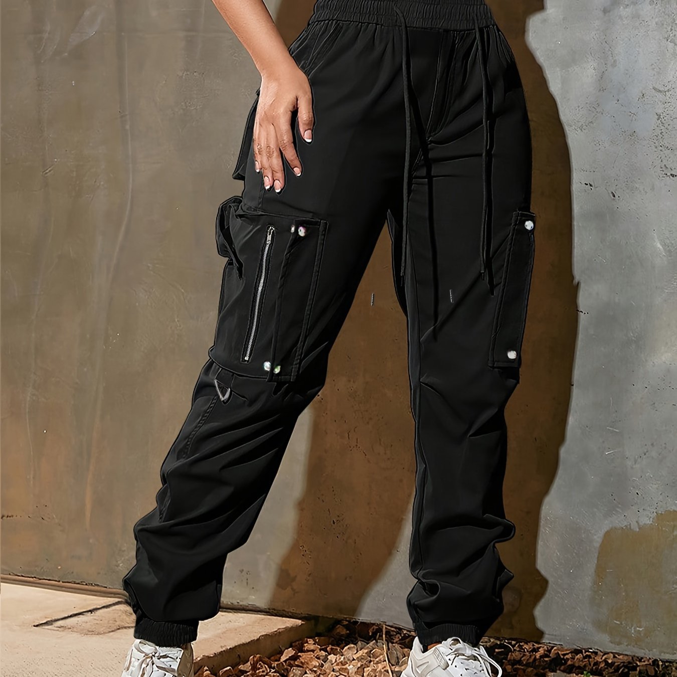 Women's High-Waist Wide-Leg Cargo Pants - Casual Fashion, Soft Polyester, Drawstring Elastic Waist, Multi-Pocket Design, Comfortable for All Seasons, Back Belt, All Seasons