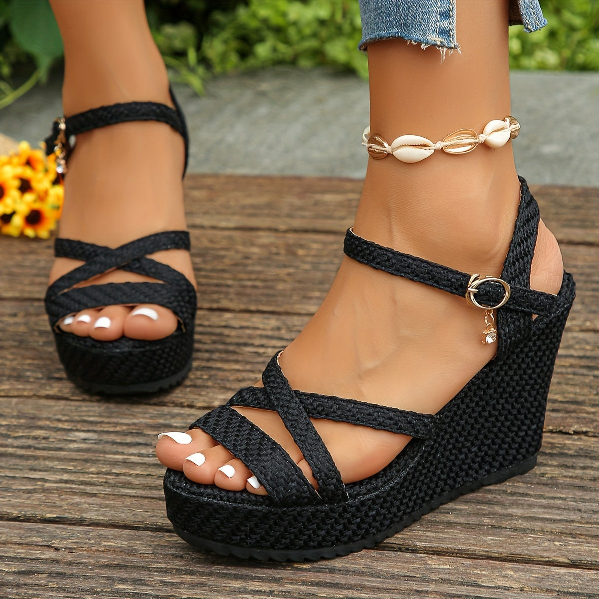 Women's Wedge Heeled Sandals, Casual Open Toe Platform Shoes, Comfortable Buckle Strap Sandals