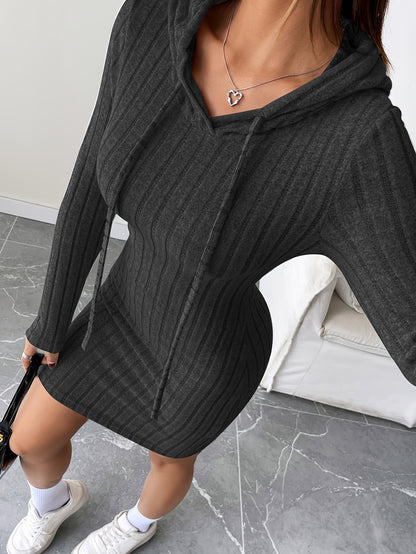 Rib Knit Drawstring Hooded Bodycon Dress