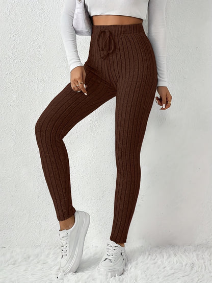 Women's High-Waist Ribbed Knit Pencil Pants - Elegant Brown, Stretchy & Comfortable, Elastic Waistband with Decorative Drawstring, Perfect for Casual Fall/Winter Wear, High Waist Pants