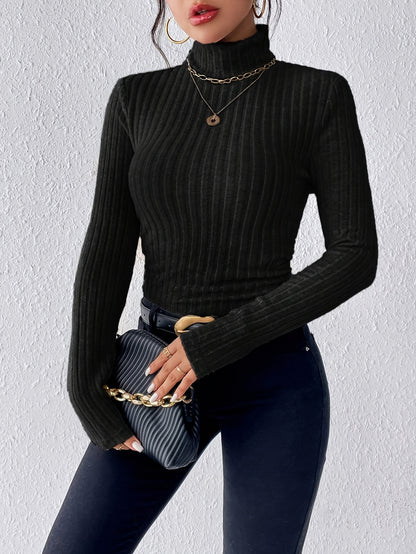 Solid Ribbed Turtle Neck T-shirt, Casual Long Sleeve Knitted Top For Spring & Fall, Women's Clothing