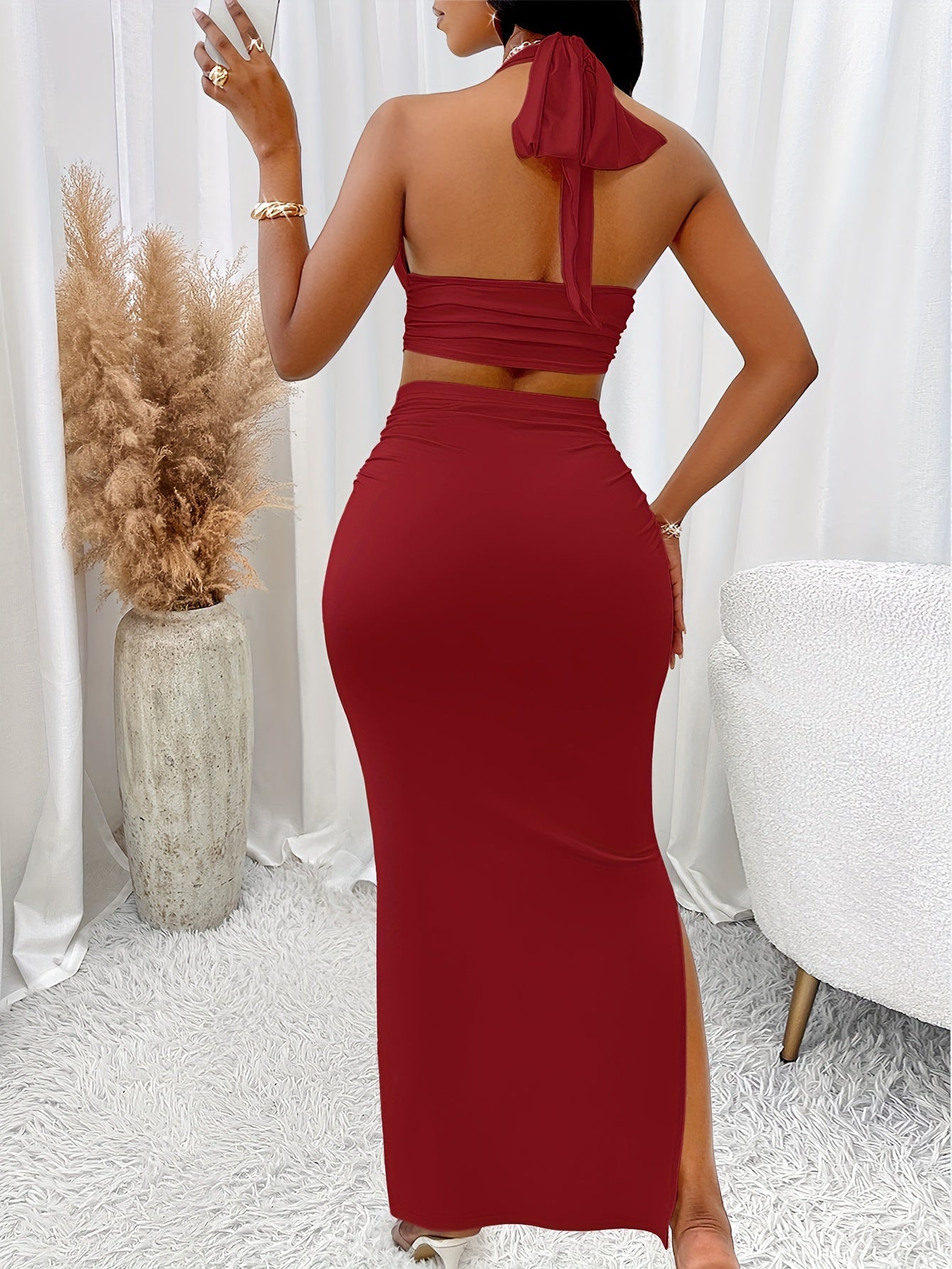 Elegant Solid Two Piece Set, Halter Neck Slim-Fit Sleeveless Top & Bodycon Split Skirt Outfits, Women's Clothing