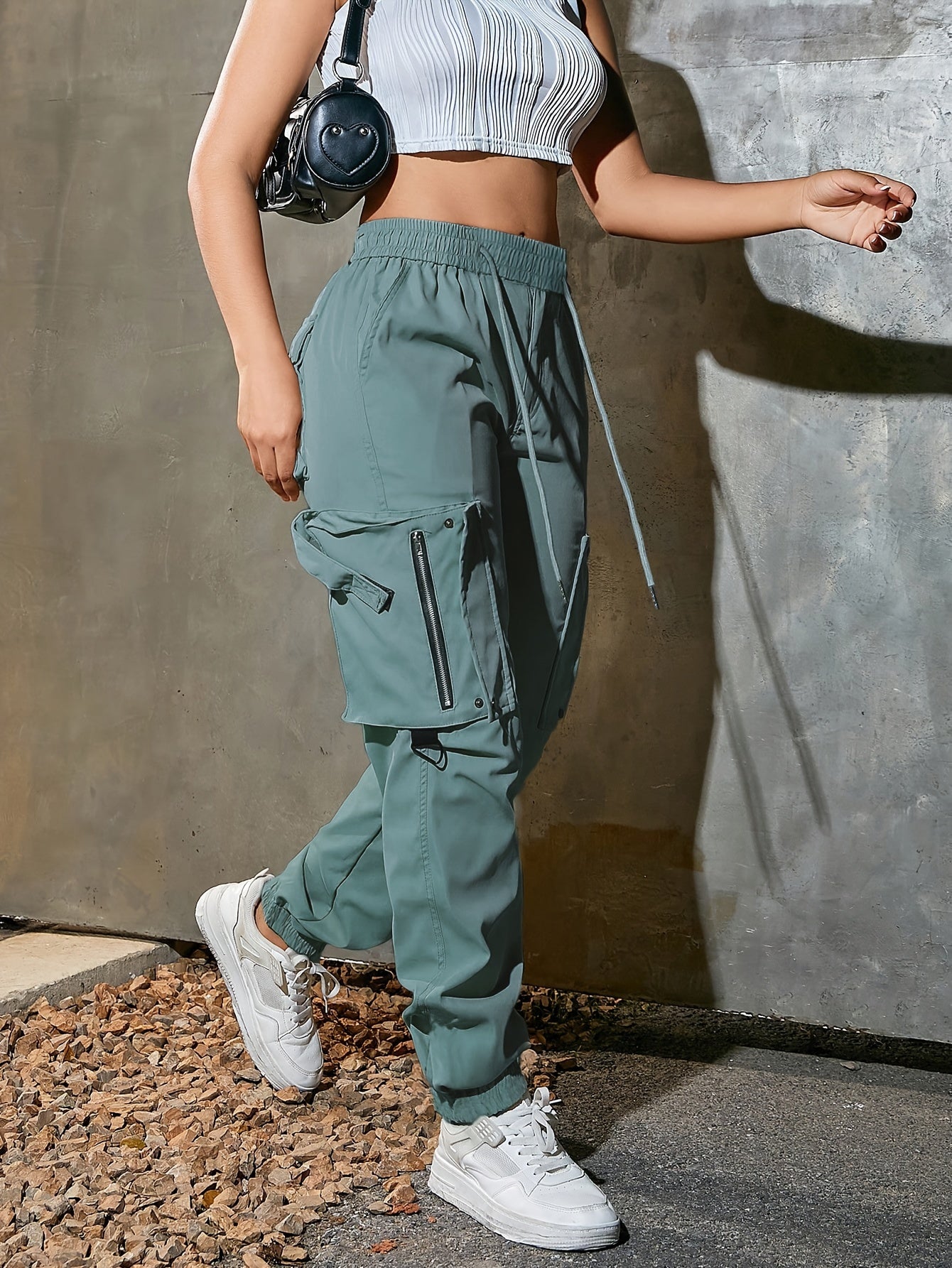 Women's High-Waist Wide-Leg Cargo Pants - Casual Fashion, Soft Polyester, Drawstring Elastic Waist, Multi-Pocket Design, Comfortable for All Seasons, Back Belt, All Seasons