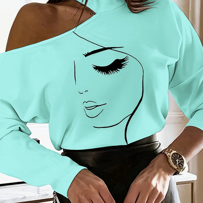 Abstract Face Print T-shirt, Casual Cut Out Long Sleeve T-shirt, Women's Clothing