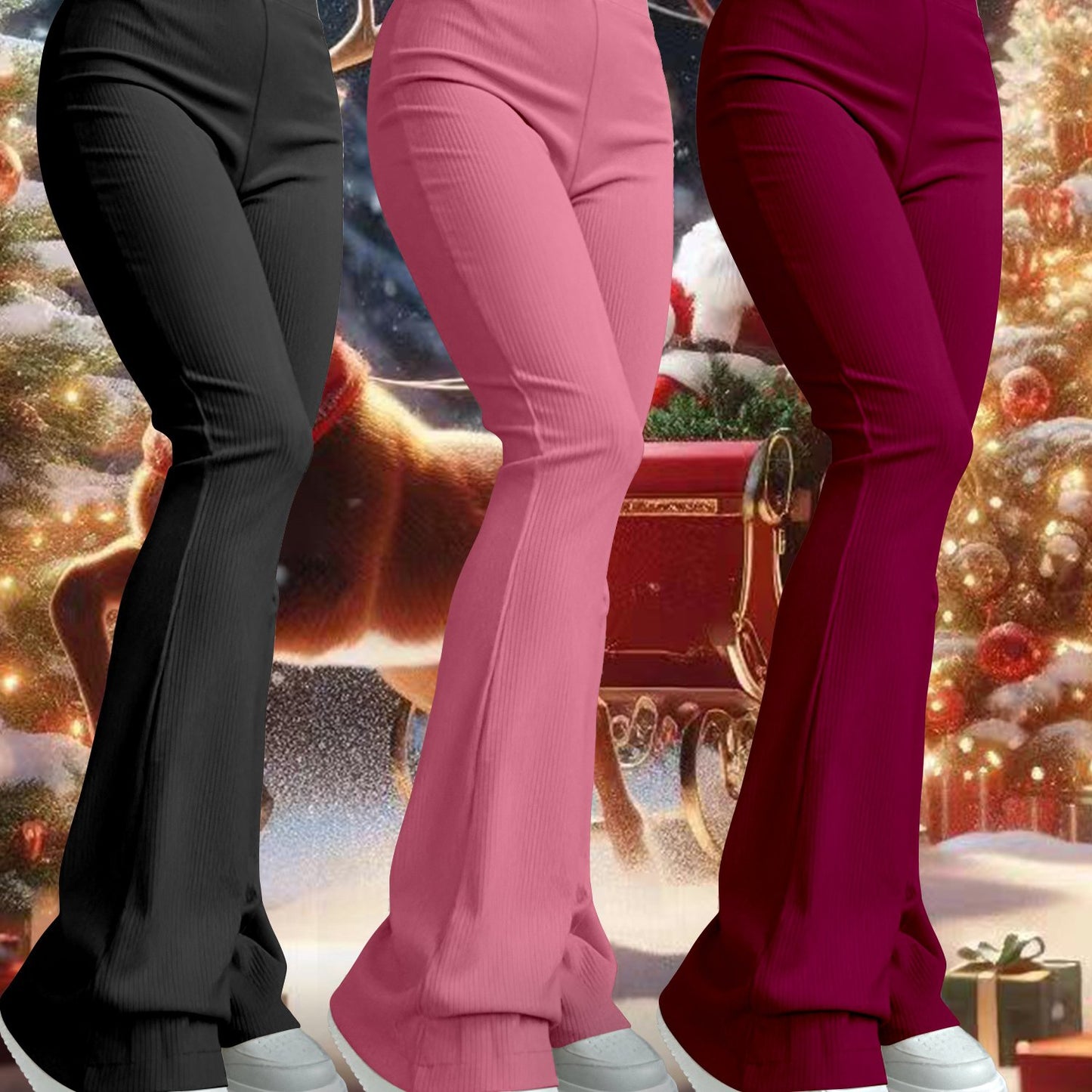 3pcs Women'S High-Waist Flare Leg Pants, Polyester and Spandex Blend, Casual Solid Color Knit Fabric Bell Bottoms, Stretchy Yoga Style Trousers for All Seasons