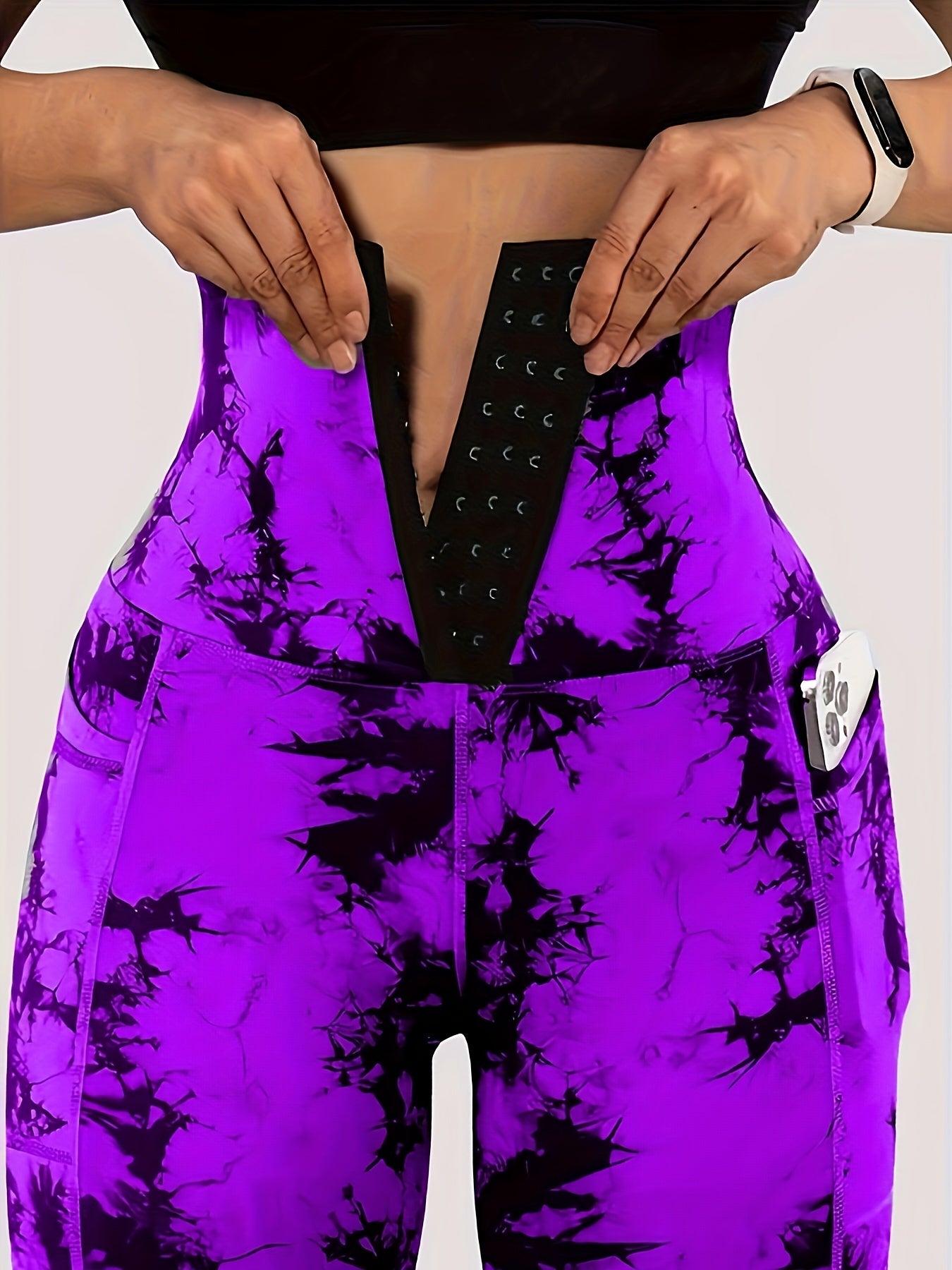 Women'S Tie-Dye Print High-Waisted Tummy Control Pants with Front Zipper, Sexy Mid-Rise Tight Leggings, Pocket, Stretchy Polyester Fabric, All-Season, Athletic Yoga Workout Running Pants for Adults