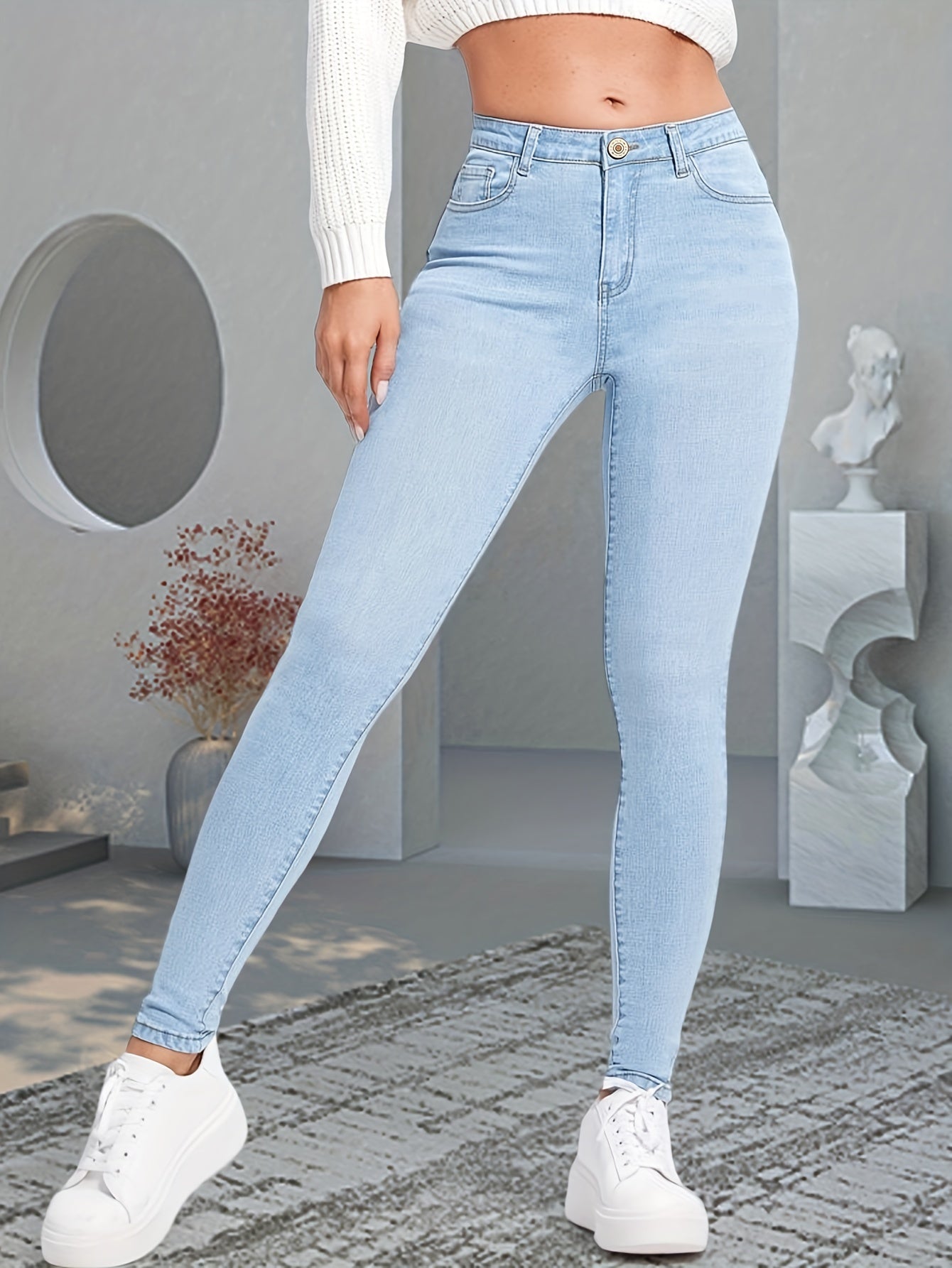 Women's Light Blue Skinny Jeans - Stretch Denim with Slim Fit, Slant Pockets & Button Closure | Versatile All-Season Casual Wear