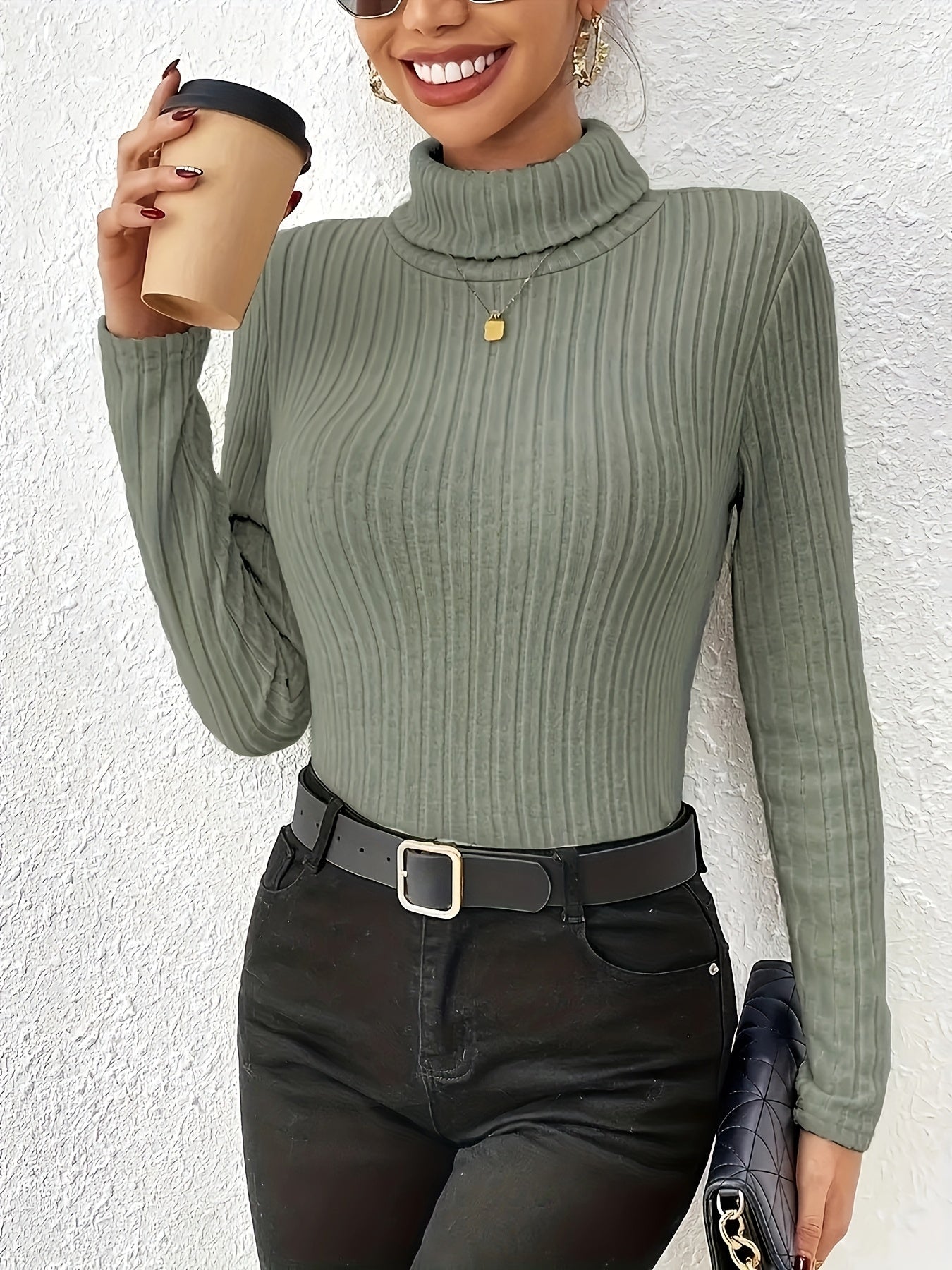 1pc Women'S Solid Color High Neck Long Sleeve T-Shirt, Polyester Knit Fabric, Regular Length, All Season Vacation Style Tee