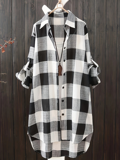 Plus Size Plaid Print Collared Button Shirt, Casual Long Sleeve Shirt For Spring & Fall, Women's Plus Size Clothing