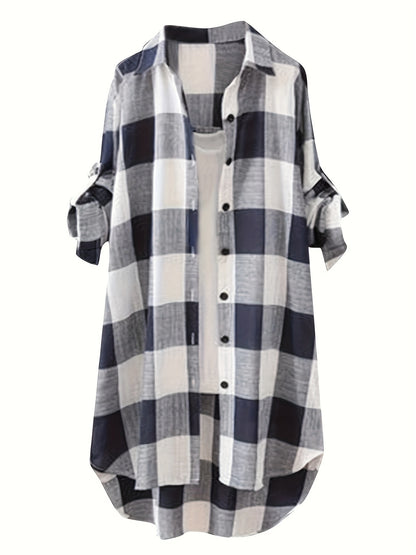 Plus Size Plaid Print Collared Button Shirt, Casual Long Sleeve Shirt For Spring & Fall, Women's Plus Size Clothing