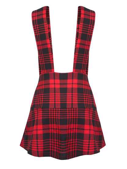 [Everyday Comfort] Chic Black and White Plaid Suspender Skirt with Button Details - Polyester Blend, A-Line, Machine Washable - Women's Fashion