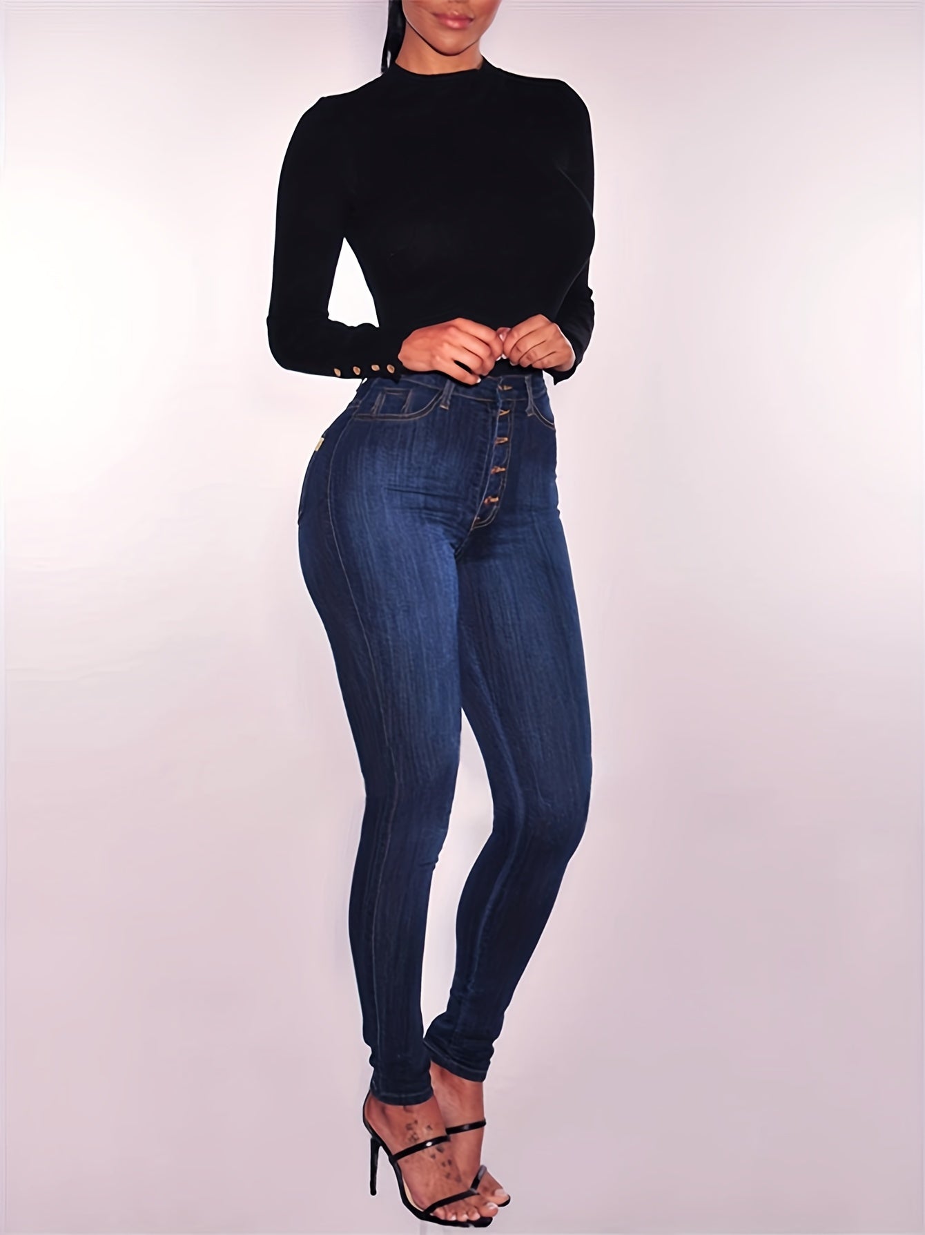 Women's High-Waist Stretch Skinny Jeans - Curvy, Butt-Lifting, Soft Denim with Slash Pockets, Button Closure, Comfortable & Stylish for Casual Wear