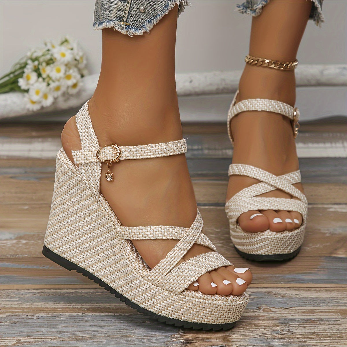 Women's Wedge Heeled Sandals, Casual Open Toe Platform Shoes, Comfortable Buckle Strap Sandals