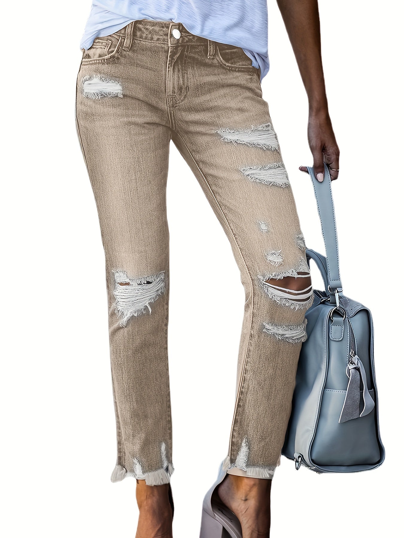 Women's Stretchy Khaki Ripped Cropped Jeans with Fringe Detail - High-Waisted, Slim Fit Denim in Light Wash with Pockets, Perfect for All Seasons