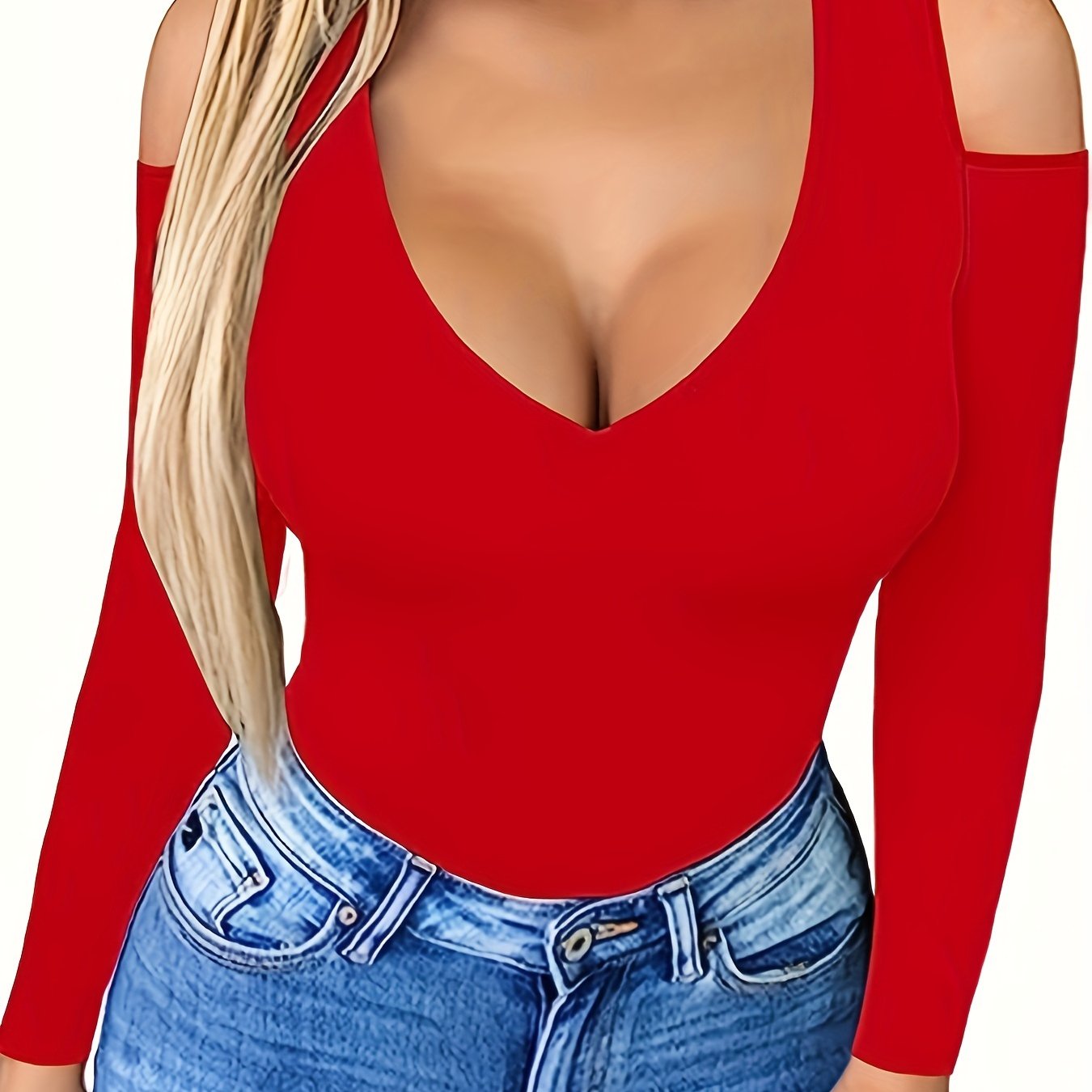 Chic Off-Shoulder V-Neck Long Sleeve Top for Women - Sexy Solid Color, Stretchy Polyester Blend, Machine Washable, Perfect for Spring/Fall