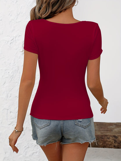 Solid Square Neck T-shirt, Elegant Short Sleeve Slim Crop Summer Top, Women's Clothing