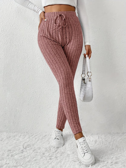 Women's High-Waist Ribbed Knit Pencil Pants - Elegant Brown, Stretchy & Comfortable, Elastic Waistband with Decorative Drawstring, Perfect for Casual Fall/Winter Wear, High Waist Pants