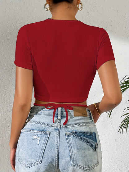 Tie Back Crew Neck Crop T-Shirt, Casual Short Sleeve Top For Spring & Summer, Women's Clothing