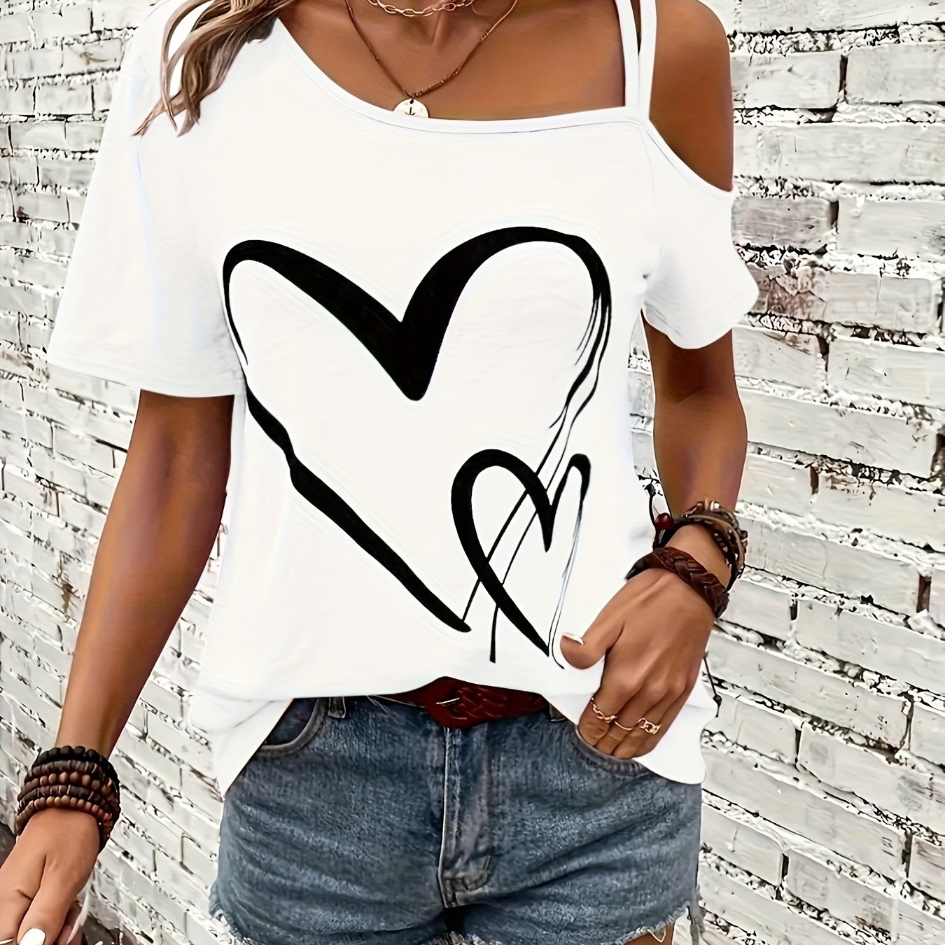 Heart Print Cold Shoulder T-shirt, Casual Short Sleeve Backless Asymmetrical Top, Women's Clothing