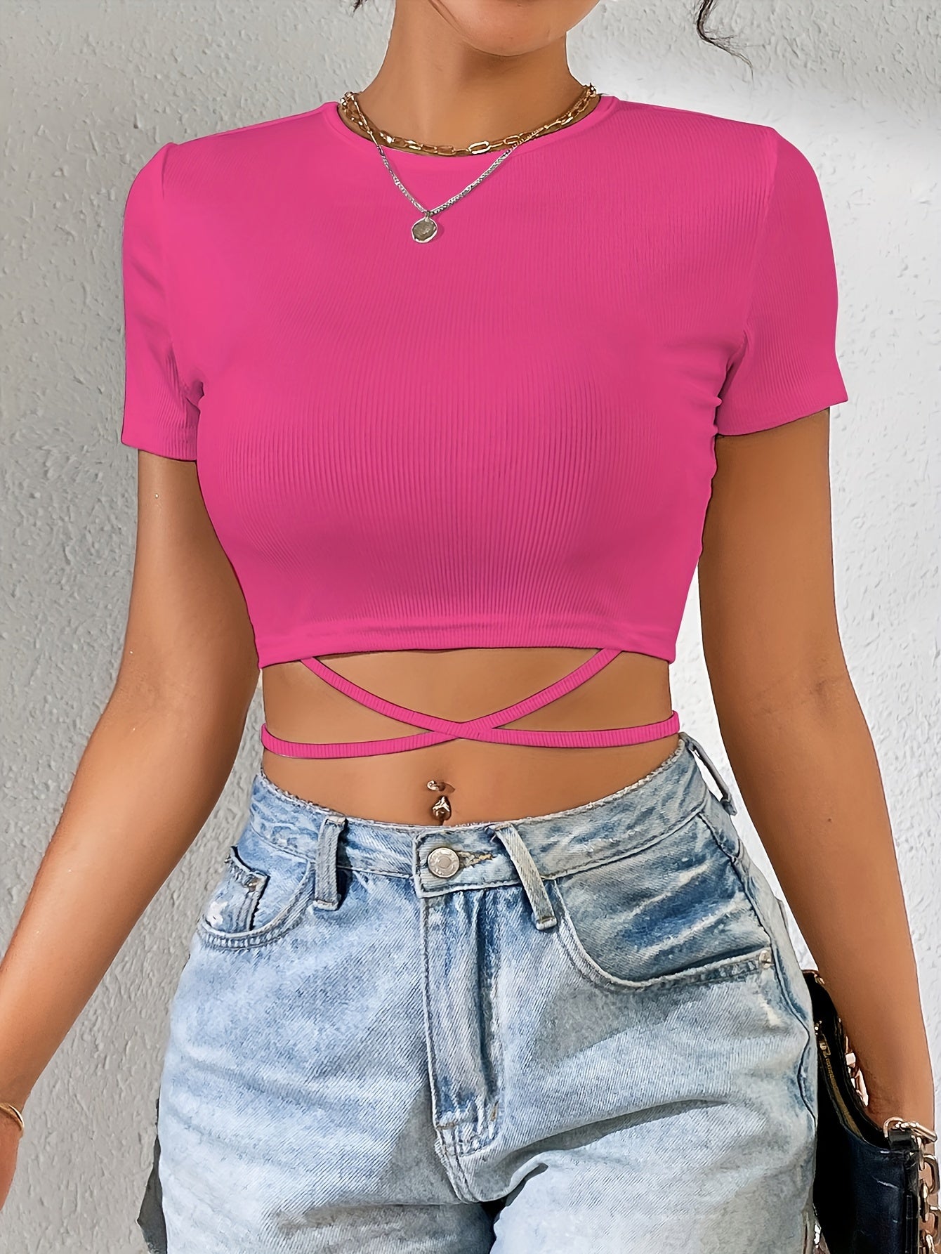 Tie Back Crew Neck Crop T-Shirt, Casual Short Sleeve Top For Spring & Summer, Women's Clothing