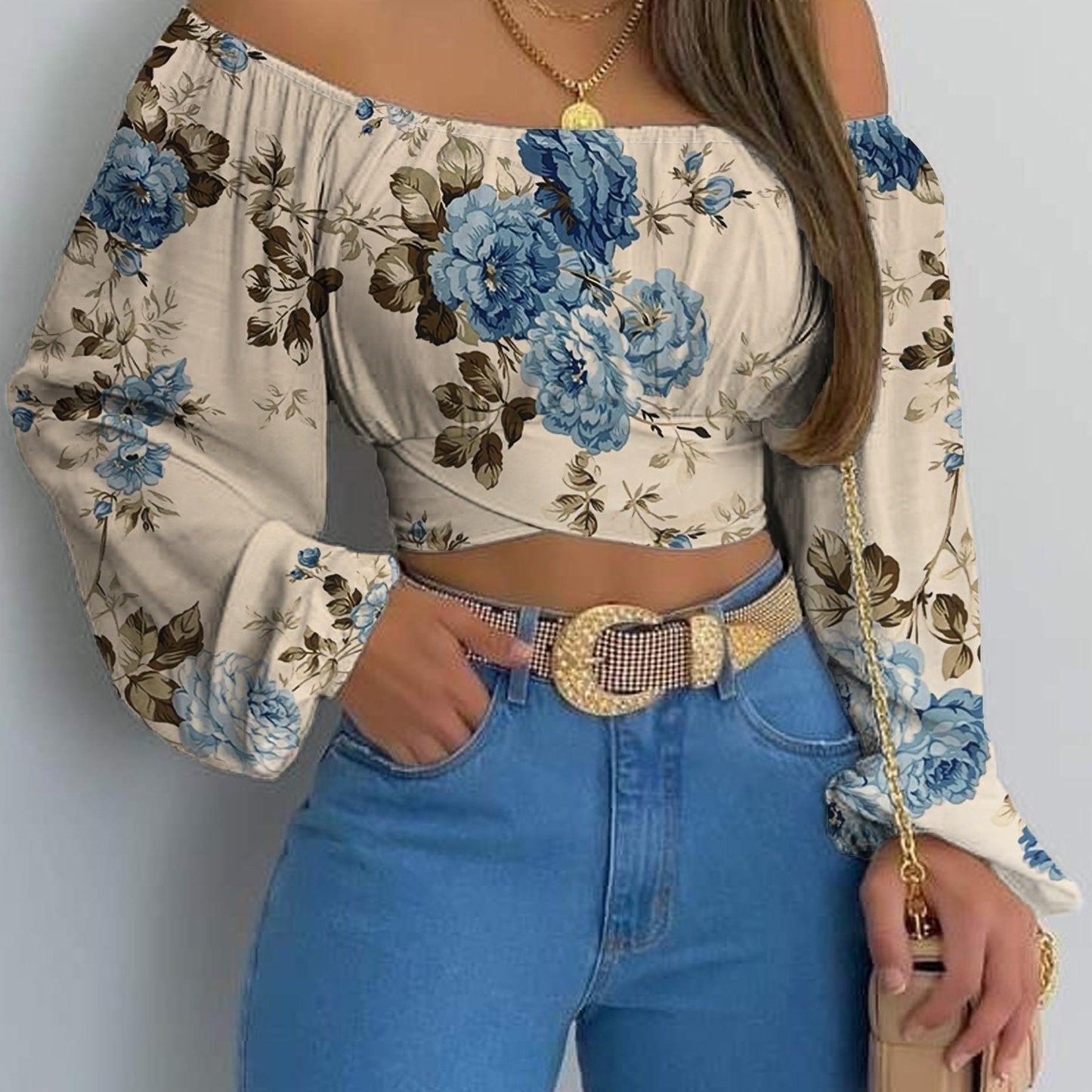 Print Blouse, Short Lantern Sleeve Pullover Top in Polyester with Spandex, Machine Washable - Spring/Summer/Fall, Women's Fashion, Bare Shoulder